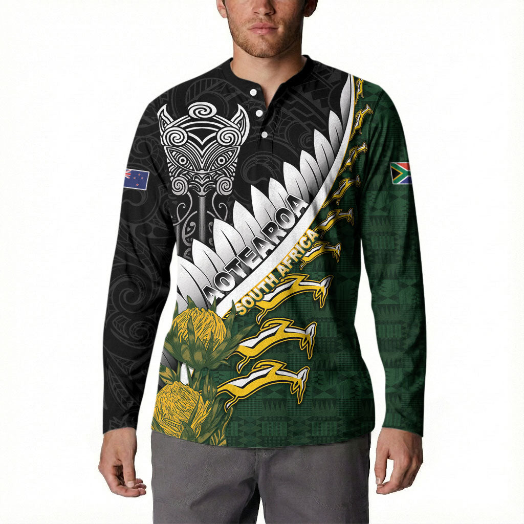 Custom Rugby New Zealand And South Africa Button Sweatshirt Silver Fern With Springboks LT05 - Polynesian Pride