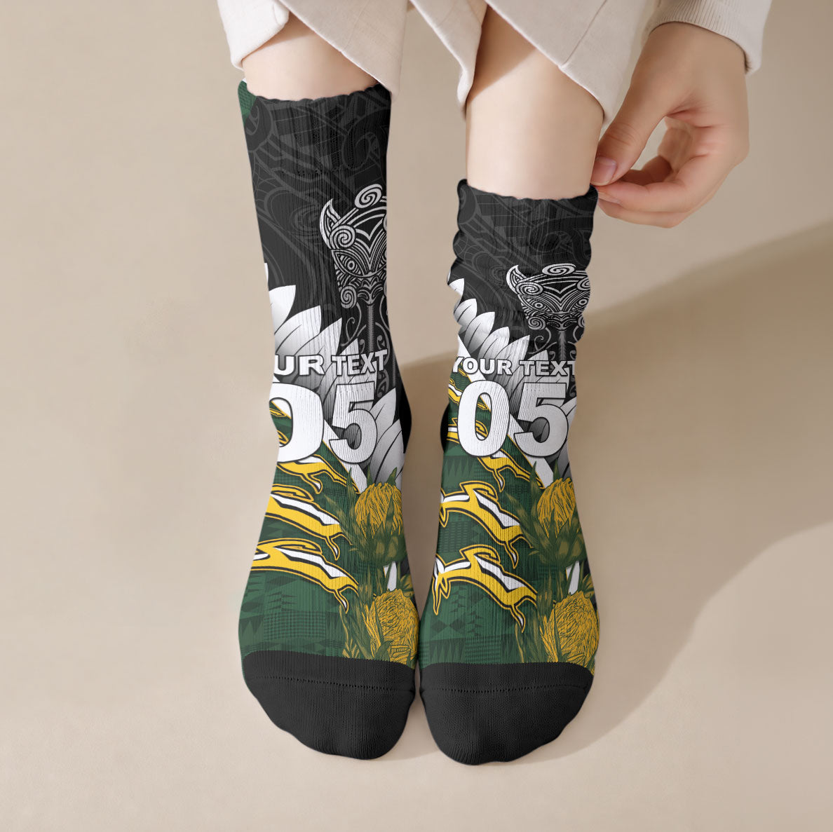 Custom Rugby New Zealand And South Africa Crew Socks Silver Fern With Springboks LT05 Crew Socks Black - Polynesian Pride