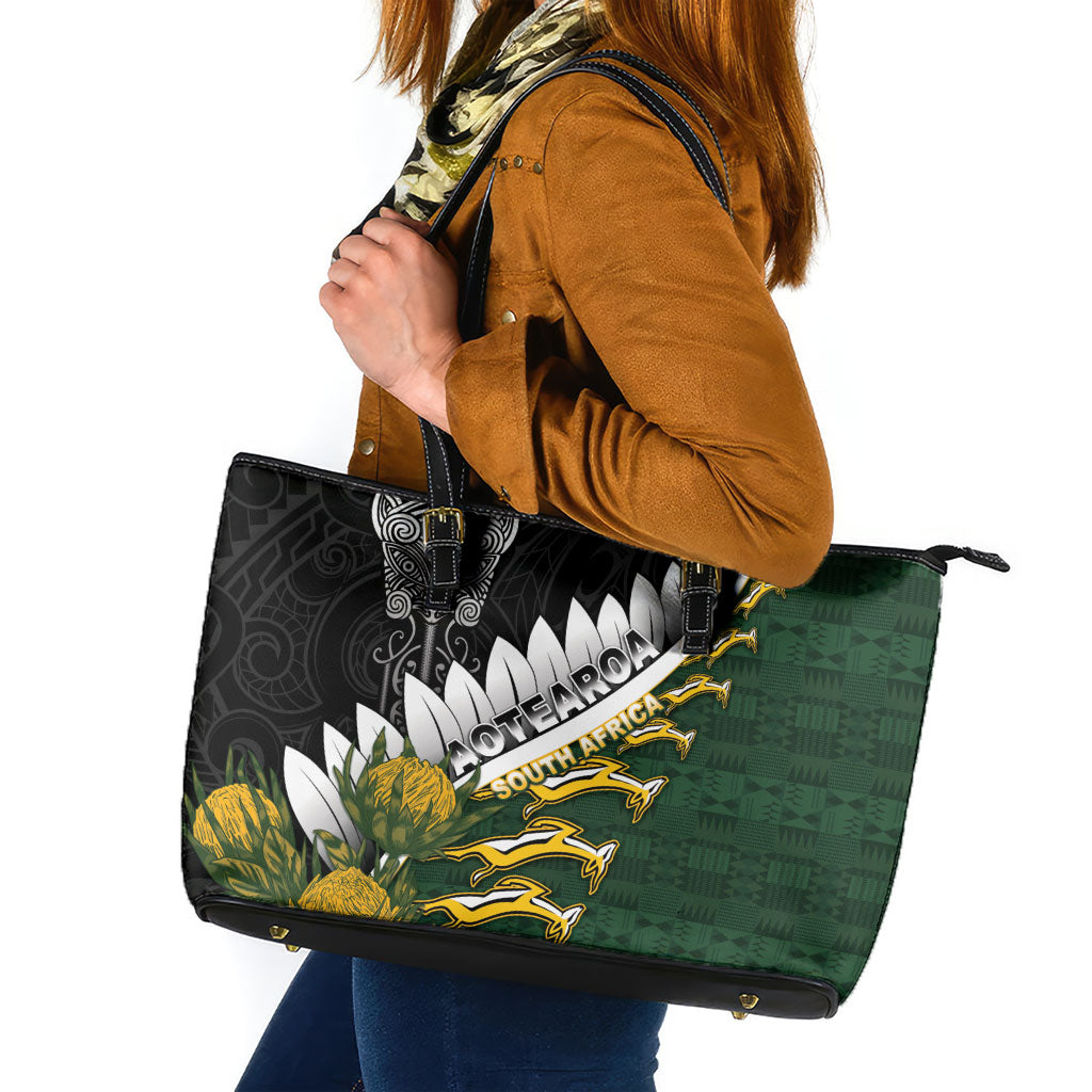 Rugby New Zealand And South Africa Leather Tote Bag Silver Fern With Springboks LT05 Black - Polynesian Pride