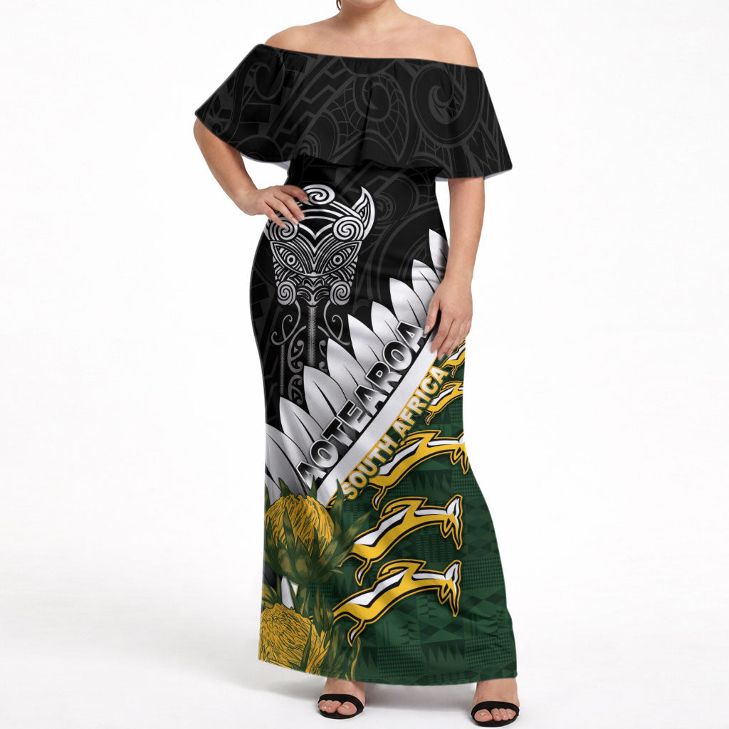 Custom Rugby New Zealand And South Africa Off Shoulder Maxi Dress Silver Fern With Springboks LT05 Women Black - Polynesian Pride