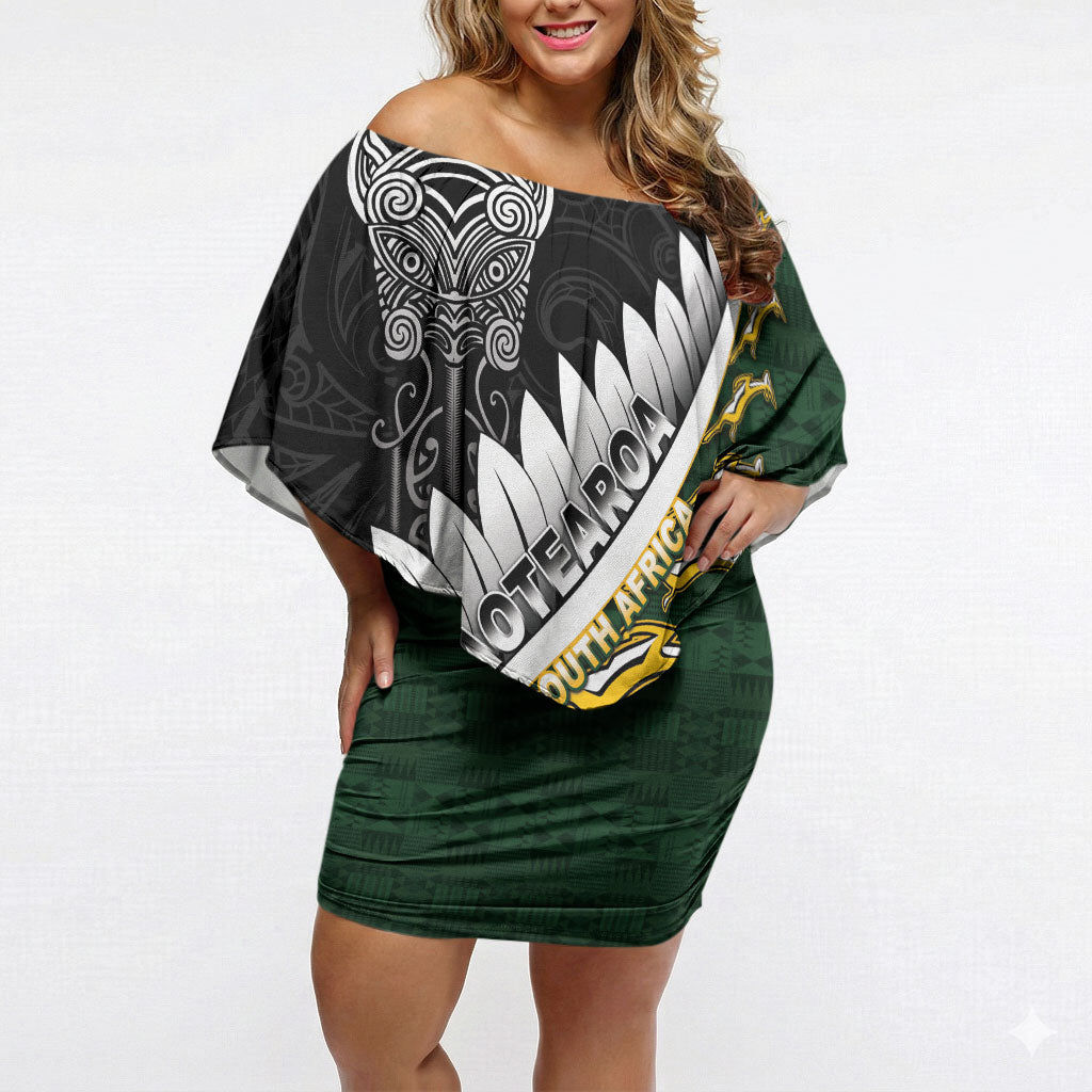 Custom Rugby New Zealand And South Africa Off Shoulder Short Dress Silver Fern With Springboks LT05 Women Black - Polynesian Pride
