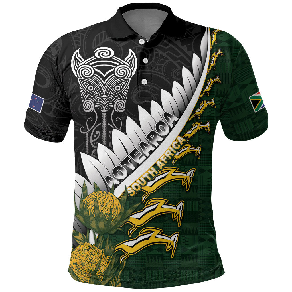 Custom Rugby New Zealand And South Africa Polo Shirt Silver Fern With Springboks LT05 Black - Polynesian Pride