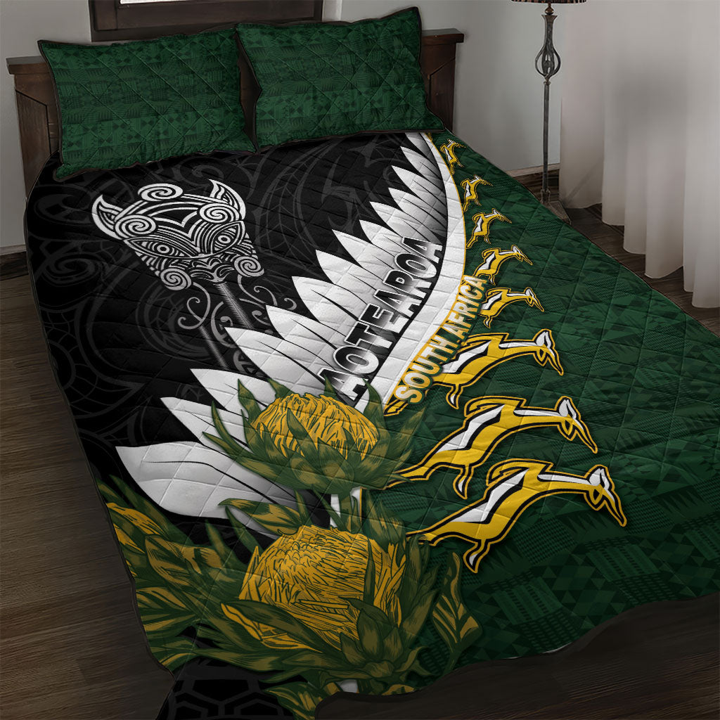 Rugby New Zealand And South Africa Quilt Bed Set Silver Fern With Springboks LT05 Black - Polynesian Pride