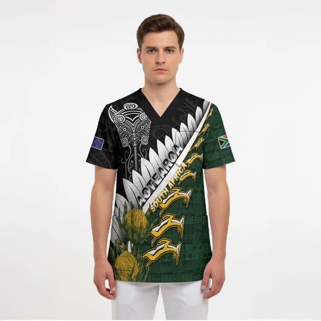 Custom Rugby New Zealand And South Africa Scrub Top Silver Fern With Springboks LT05 - Polynesian Pride