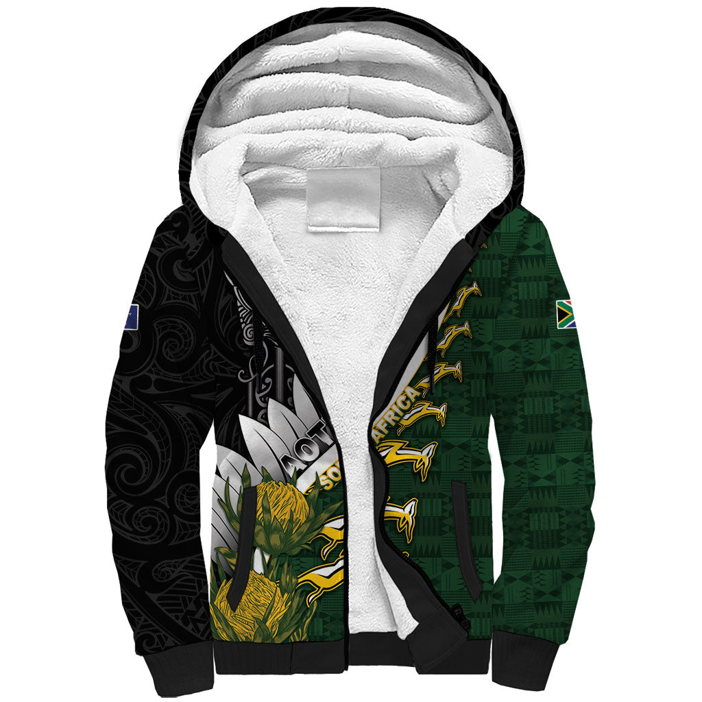 Custom Rugby New Zealand And South Africa Sherpa Hoodie Silver Fern With Springboks LT05 Unisex Black - Polynesian Pride