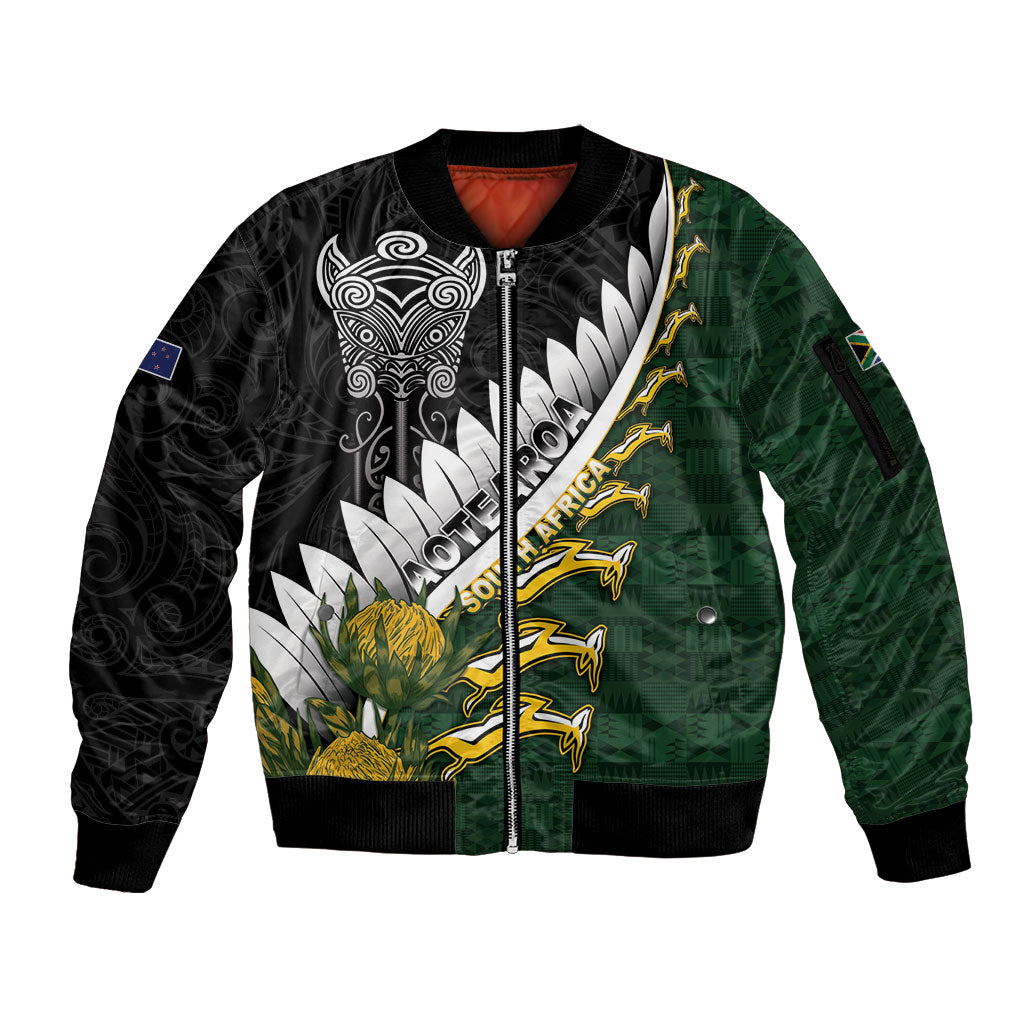 Custom Rugby New Zealand And South Africa Sleeve Zip Bomber Jacket Silver Fern With Springboks LT05 Unisex Black - Polynesian Pride