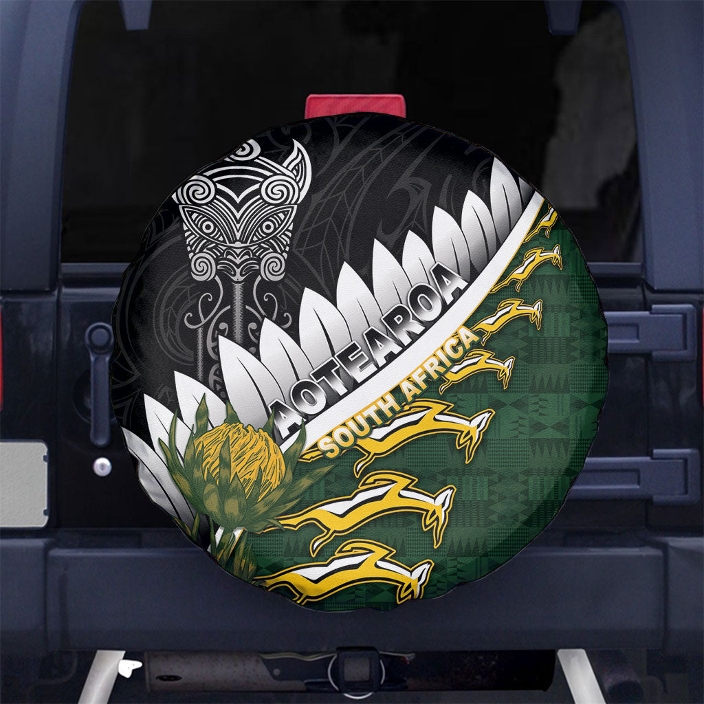 Rugby New Zealand And South Africa Spare Tire Cover Silver Fern With Springboks LT05 No hole Black - Polynesian Pride