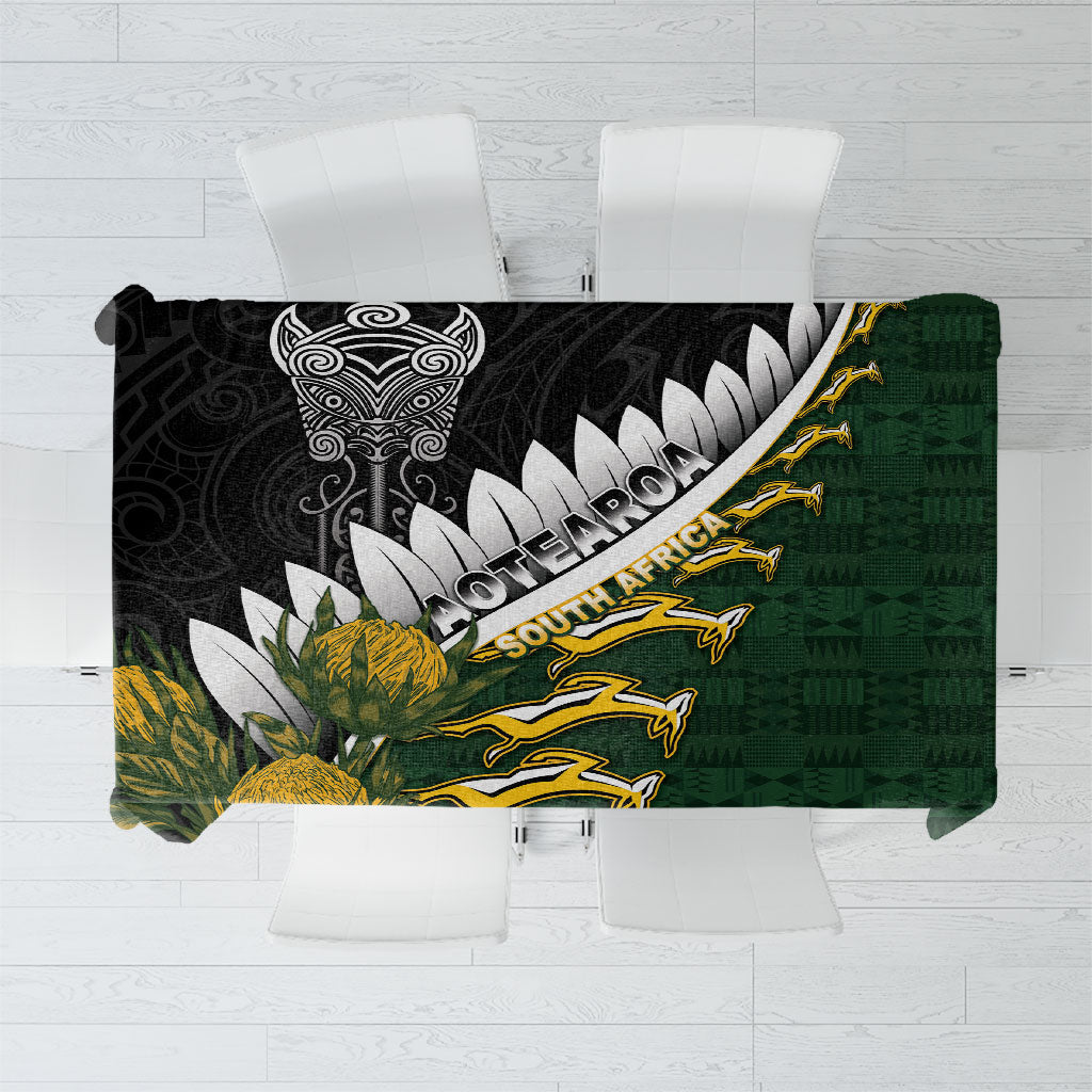 Rugby New Zealand And South Africa Tablecloth Silver Fern With Springboks LT05 Black - Polynesian Pride