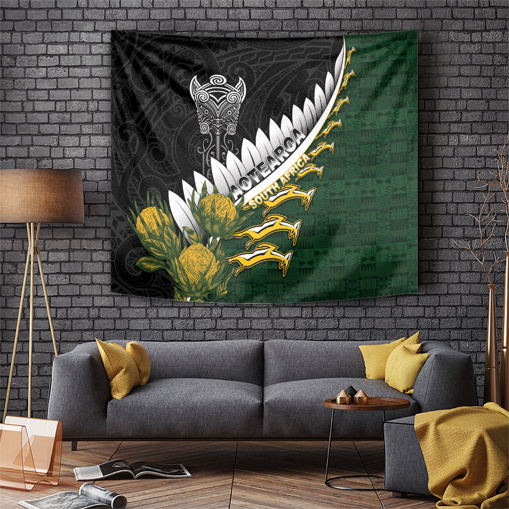 Rugby New Zealand And South Africa Tapestry Silver Fern With Springboks LT05 Black - Polynesian Pride