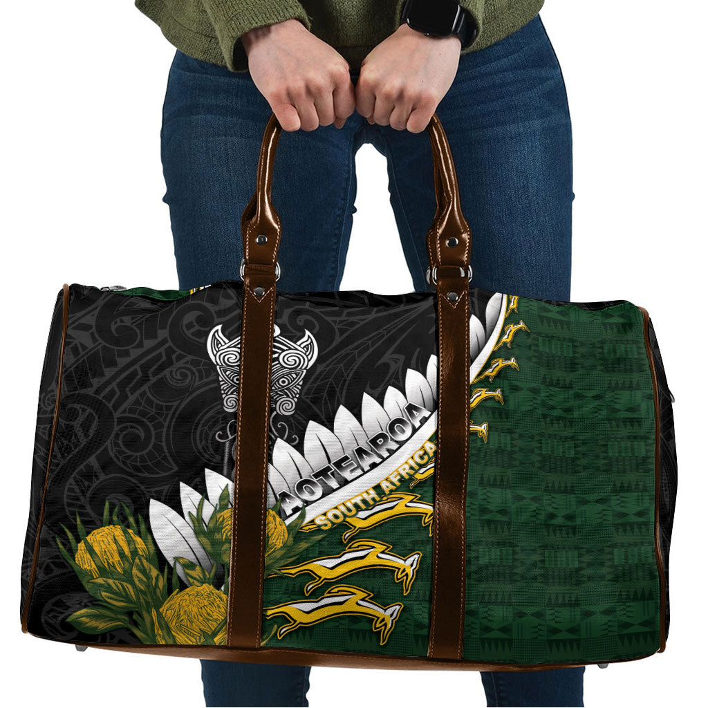 Rugby New Zealand And South Africa Travel Bag Silver Fern With Springboks LT05 Black - Polynesian Pride