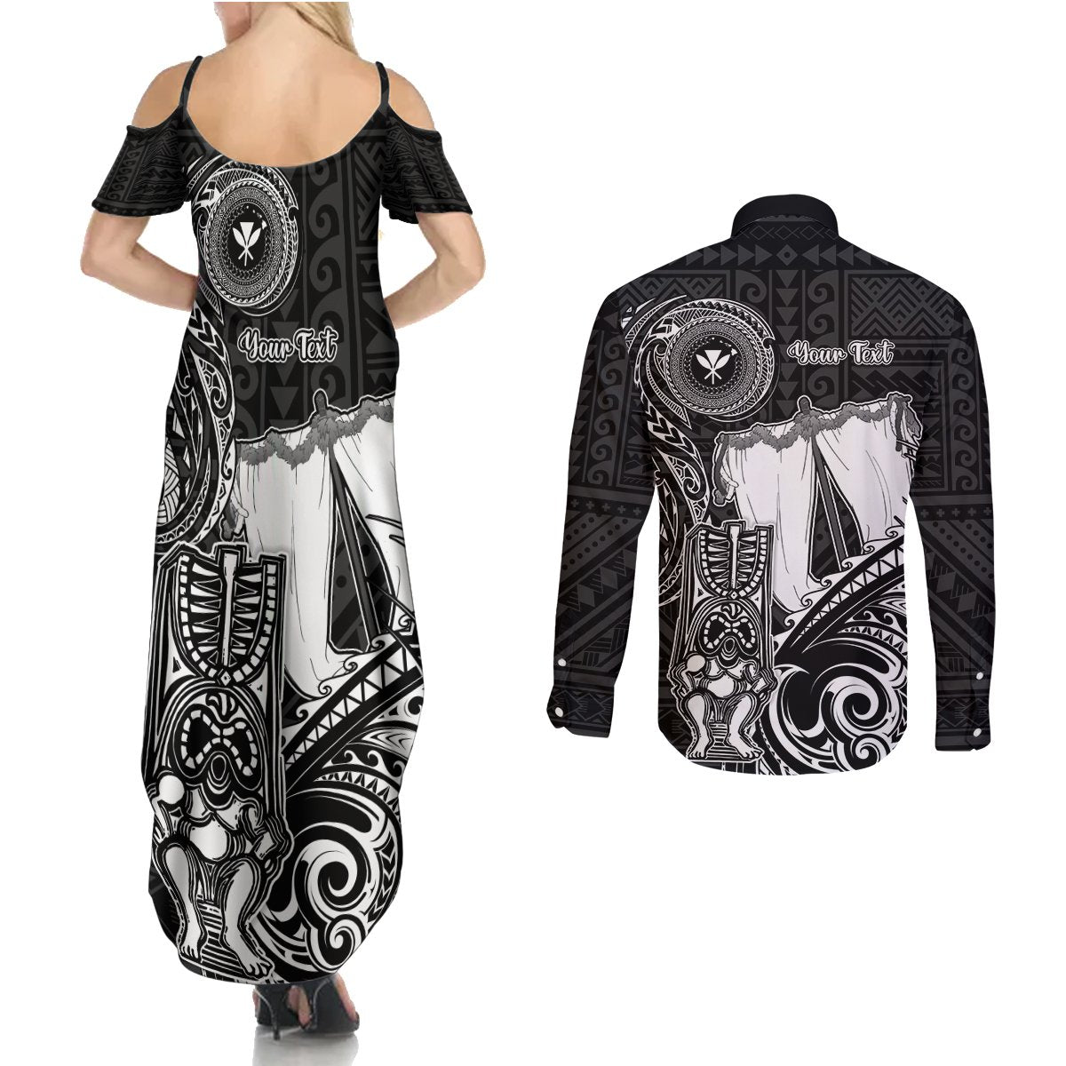 Personalized Hawaii Makahiki Season Couples Matching Summer Maxi Dress and Long Sleeve Button Shirts Akua Loa Polynesian Pattern LT05 - Polynesian Pride