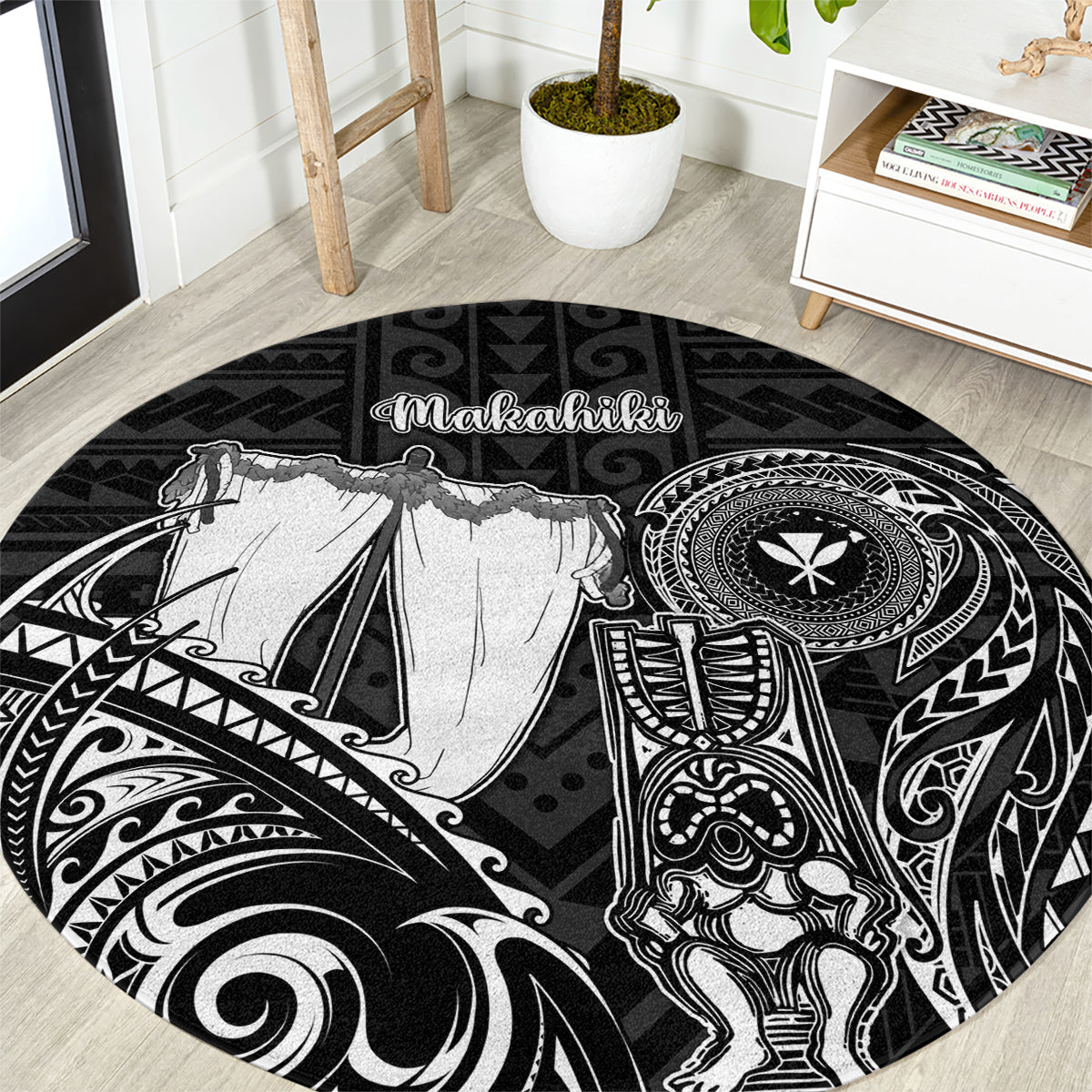 Hawaii Makahiki Season Round Carpet Akua Loa Polynesian Pattern LT05 Black - Polynesian Pride