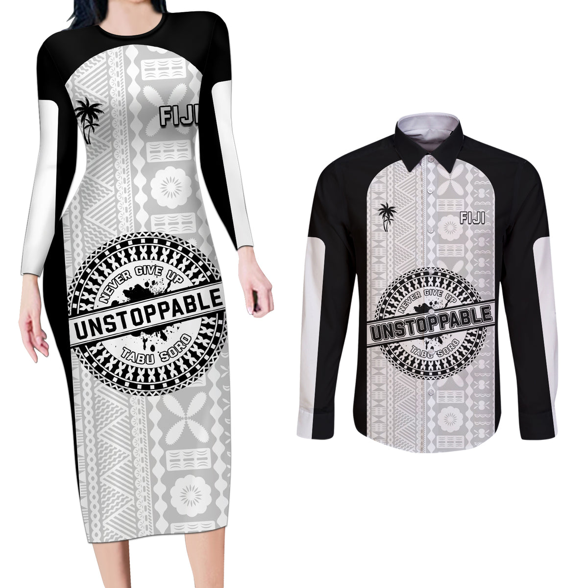 Personalized Fiji Obstacle Race 2023 Couples Matching Long Sleeve Bodycon Dress and Long Sleeve Button Shirts Never Give Up LT05 Black - Polynesian Pride