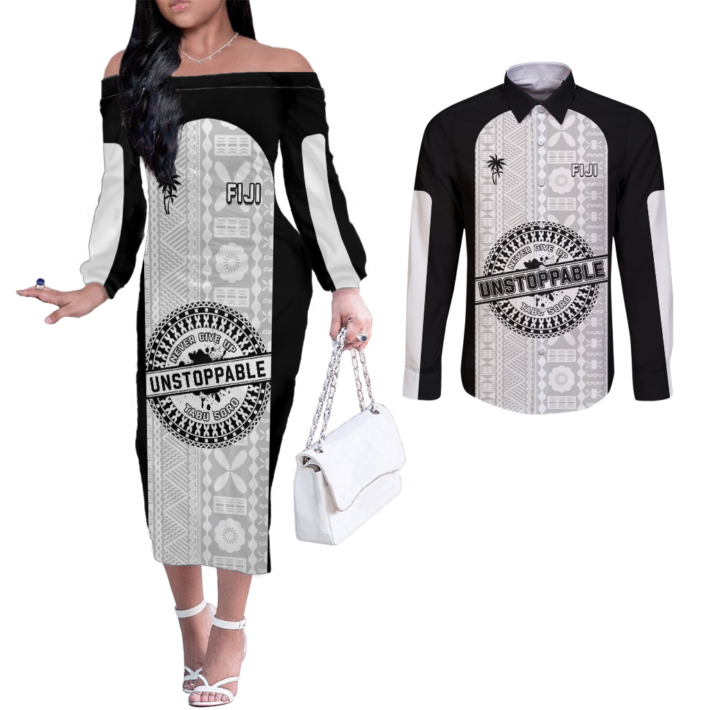 Personalized Fiji Obstacle Race 2023 Couples Matching Off The Shoulder Long Sleeve Dress and Long Sleeve Button Shirts Never Give Up LT05 Black - Polynesian Pride