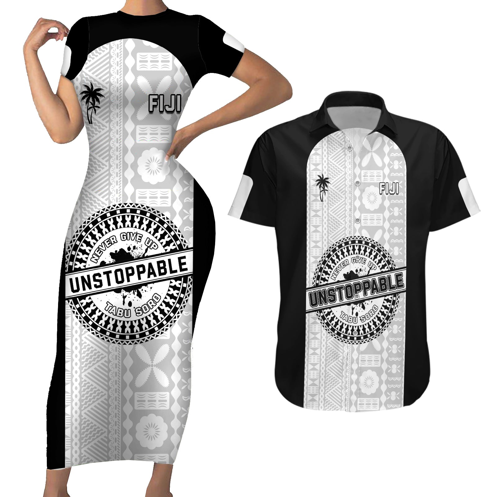 Personalized Fiji Obstacle Race 2023 Couples Matching Short Sleeve Bodycon Dress and Hawaiian Shirt Never Give Up LT05 Black - Polynesian Pride