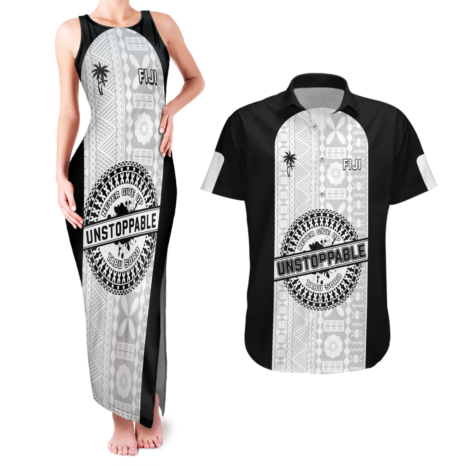 Personalized Fiji Obstacle Race 2023 Couples Matching Tank Maxi Dress and Hawaiian Shirt Never Give Up LT05 Black - Polynesian Pride
