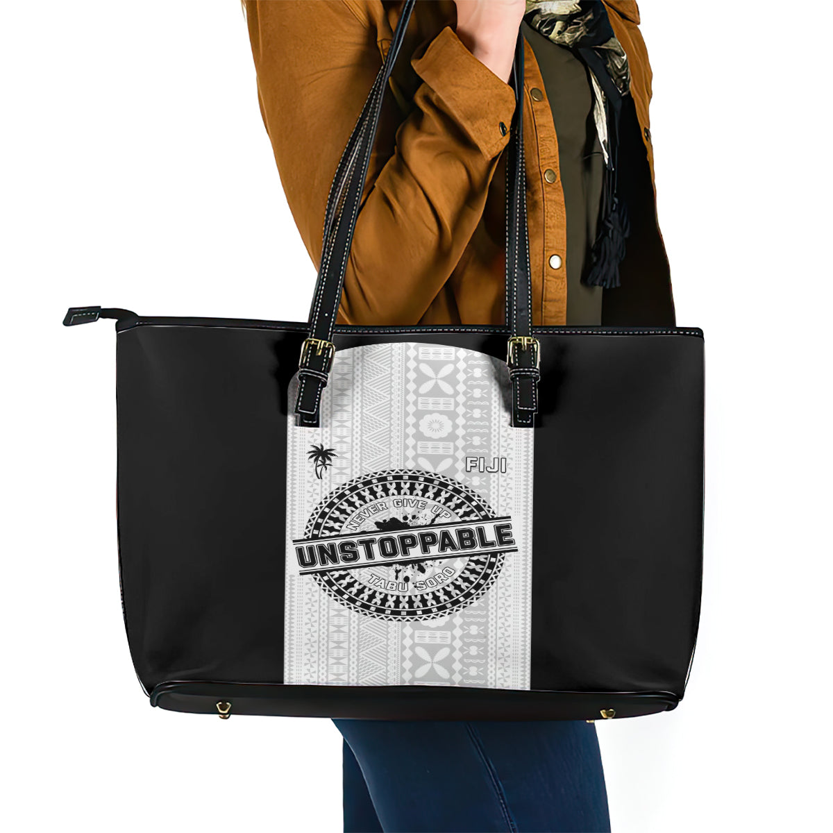 Fiji Obstacle Race 2023 Leather Tote Bag Never Give Up LT05 - Polynesian Pride