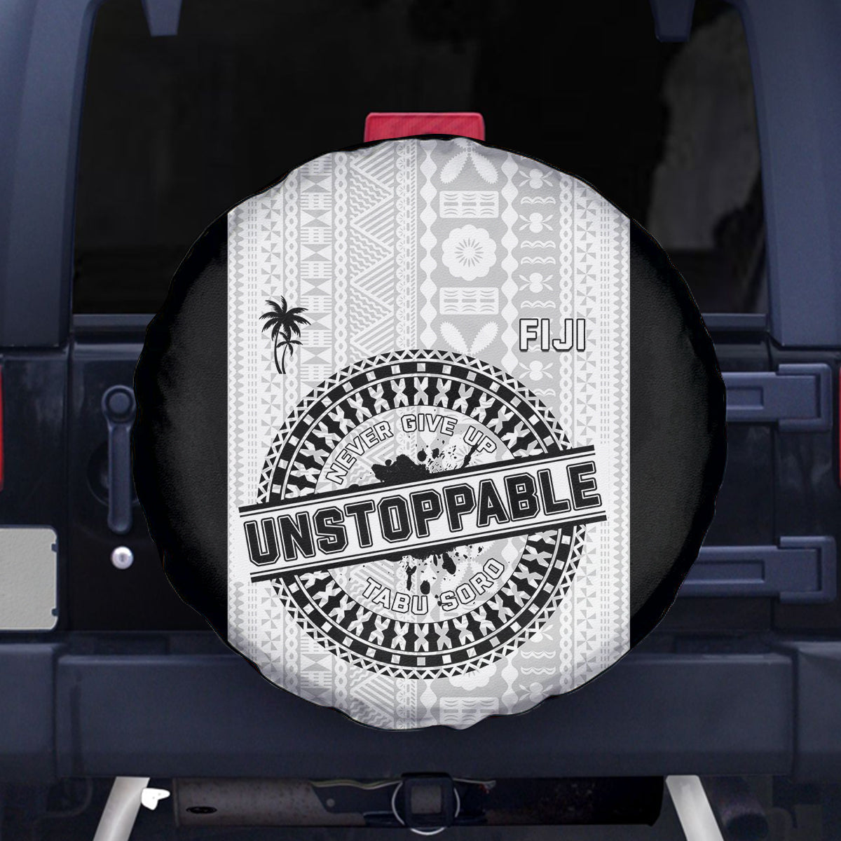 Fiji Obstacle Race 2023 Spare Tire Cover Never Give Up LT05 Black - Polynesian Pride