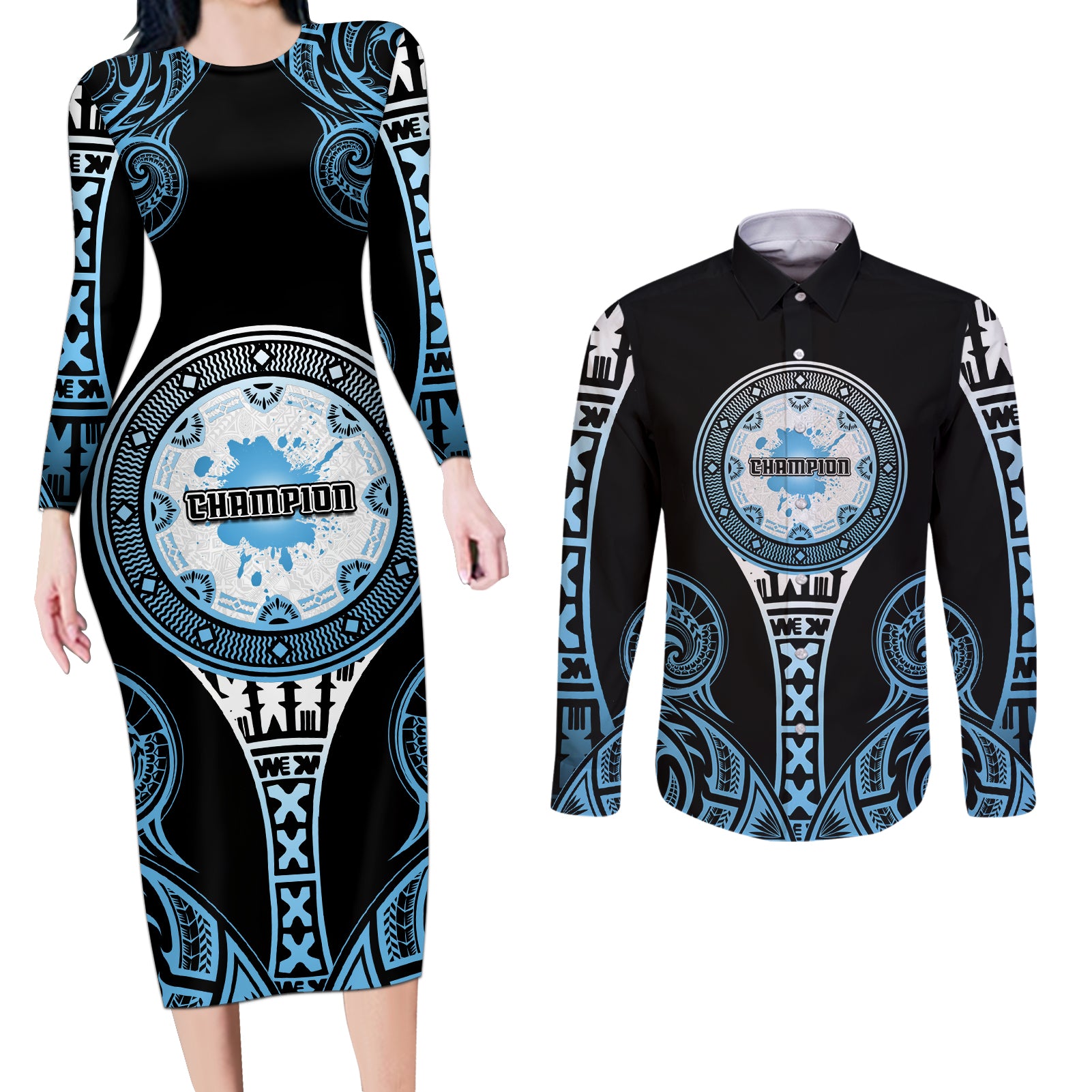 Personalized Fiji Obstacle Race 2023 Couples Matching Long Sleeve Bodycon Dress and Long Sleeve Button Shirts Go Champion LT05 Blue - Polynesian Pride