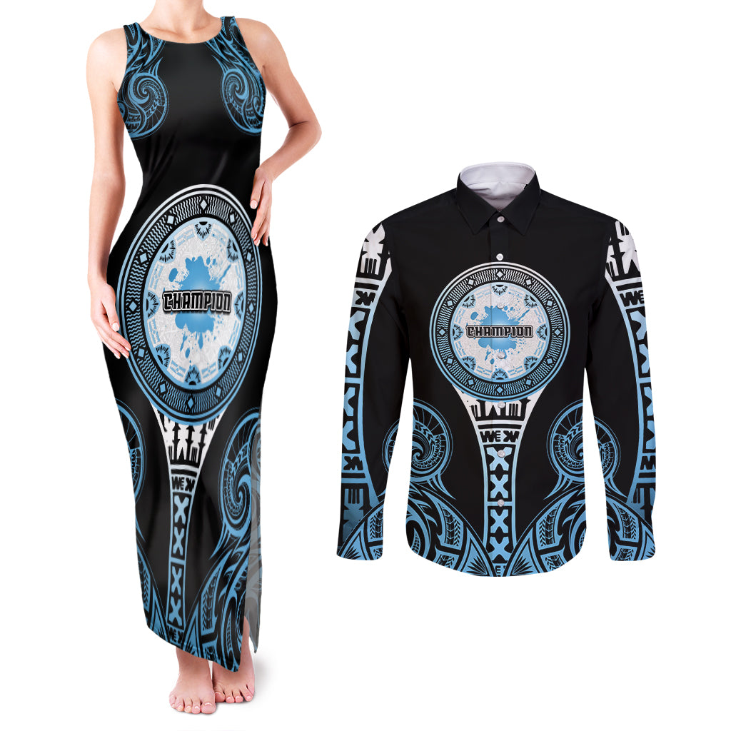 Personalized Fiji Obstacle Race 2023 Couples Matching Tank Maxi Dress and Long Sleeve Button Shirts Go Champion LT05 Blue - Polynesian Pride