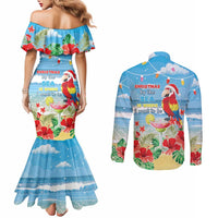 Hawaii Christmas Couples Matching Mermaid Dress and Long Sleeve Button Shirt Funny Macaw Parrot Tropical Vibe