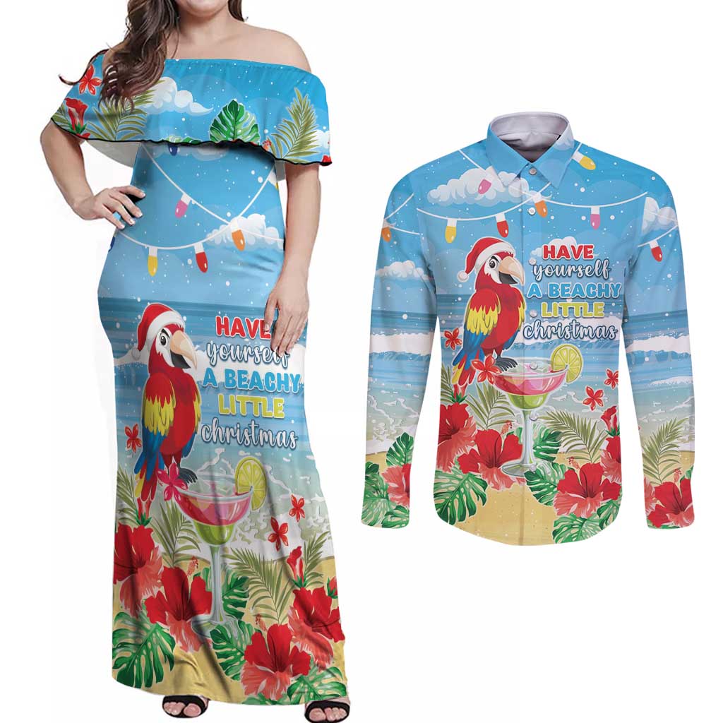 Hawaii Christmas Couples Matching Off Shoulder Maxi Dress and Long Sleeve Button Shirt Funny Macaw Parrot Tropical Vibe LT05 Blue - Polynesian Pride