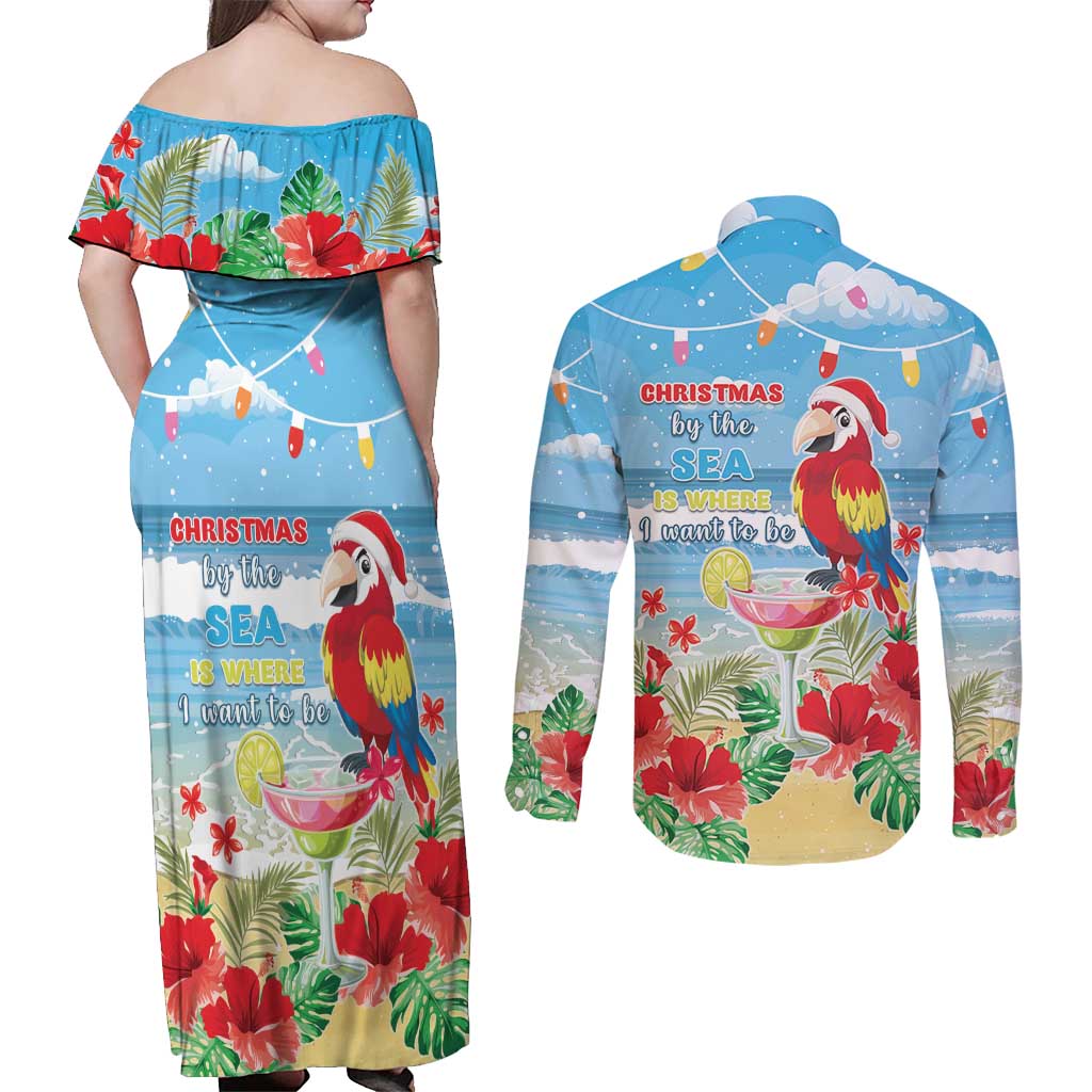 Hawaii Christmas Couples Matching Off Shoulder Maxi Dress and Long Sleeve Button Shirt Funny Macaw Parrot Tropical Vibe LT05 - Polynesian Pride