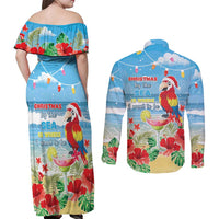 Hawaii Christmas Couples Matching Off Shoulder Maxi Dress and Long Sleeve Button Shirt Funny Macaw Parrot Tropical Vibe LT05 - Polynesian Pride