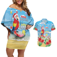 Hawaii Christmas Couples Matching Off Shoulder Short Dress and Hawaiian Shirt Funny Macaw Parrot Tropical Vibe LT05 Blue - Polynesian Pride