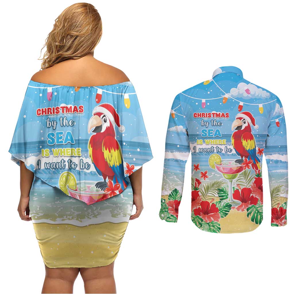 Hawaii Christmas Couples Matching Off Shoulder Short Dress and Long Sleeve Button Shirt Funny Macaw Parrot Tropical Vibe LT05 - Polynesian Pride