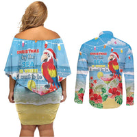 Hawaii Christmas Couples Matching Off Shoulder Short Dress and Long Sleeve Button Shirt Funny Macaw Parrot Tropical Vibe LT05 - Polynesian Pride