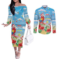 Hawaii Christmas Couples Matching Off The Shoulder Long Sleeve Dress and Long Sleeve Button Shirt Funny Macaw Parrot Tropical Vibe LT05 Blue - Polynesian Pride