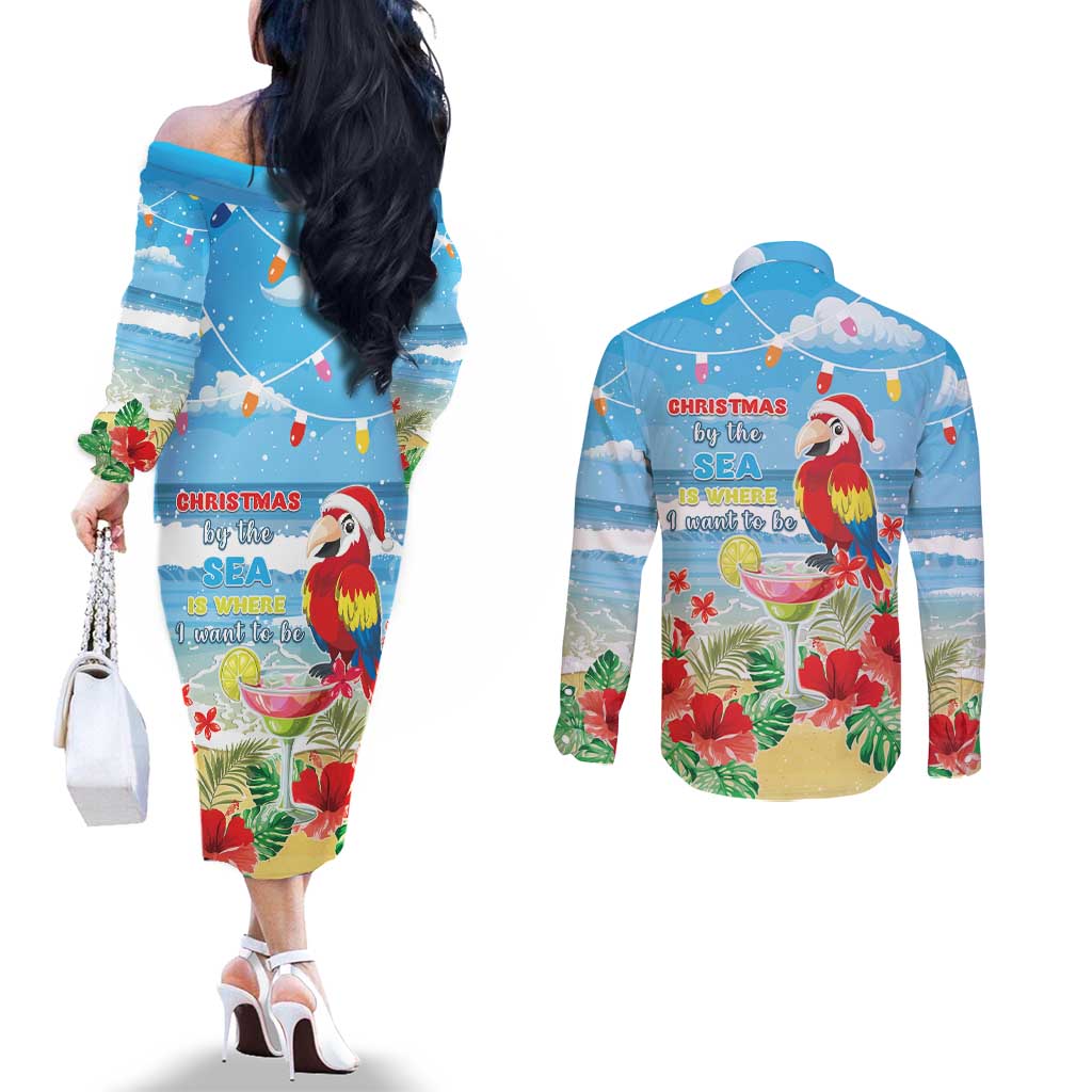 Hawaii Christmas Couples Matching Off The Shoulder Long Sleeve Dress and Long Sleeve Button Shirt Funny Macaw Parrot Tropical Vibe LT05 - Polynesian Pride