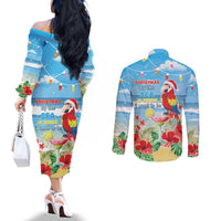 Hawaii Christmas Couples Matching Off The Shoulder Long Sleeve Dress and Long Sleeve Button Shirt Funny Macaw Parrot Tropical Vibe LT05 - Polynesian Pride
