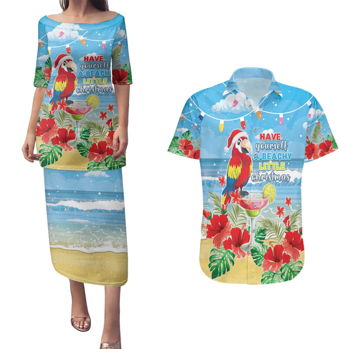 Hawaii Christmas Couples Matching Puletasi and Hawaiian Shirt Funny Macaw Parrot Tropical Vibe LT05 Blue - Polynesian Pride
