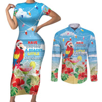 Hawaii Christmas Couples Matching Short Sleeve Bodycon Dress and Long Sleeve Button Shirt Funny Macaw Parrot Tropical Vibe