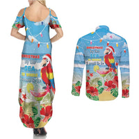 Hawaii Christmas Couples Matching Summer Maxi Dress and Long Sleeve Button Shirt Funny Macaw Parrot Tropical Vibe