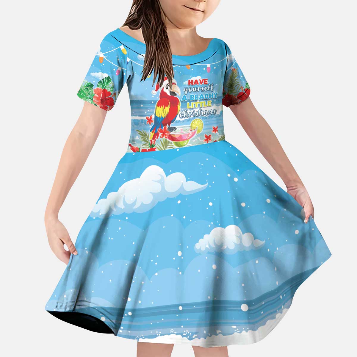 Hawaii Christmas Kid Short Sleeve Dress Funny Macaw Parrot Tropical Vibe