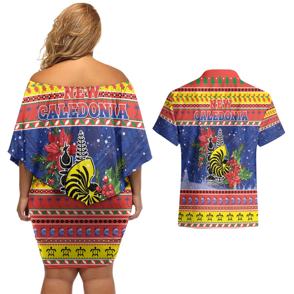 New Caledonia Christmas Couples Matching Off Shoulder Short Dress and Hawaiian Shirt Kanaky Poinsettia Joyeux Noel