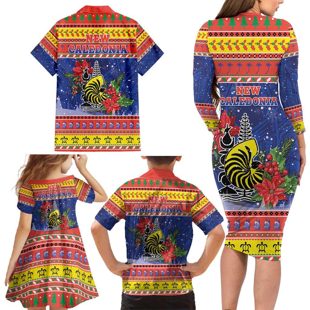 New Caledonia Christmas Family Matching Long Sleeve Bodycon Dress and Hawaiian Shirt Kanaky Poinsettia Joyeux Noel