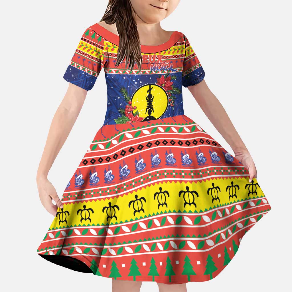 New Caledonia Christmas Family Matching Off Shoulder Maxi Dress and Hawaiian Shirt Kanaky Poinsettia Joyeux Noel LT05 Daughter's Dress Red - Polynesian Pride