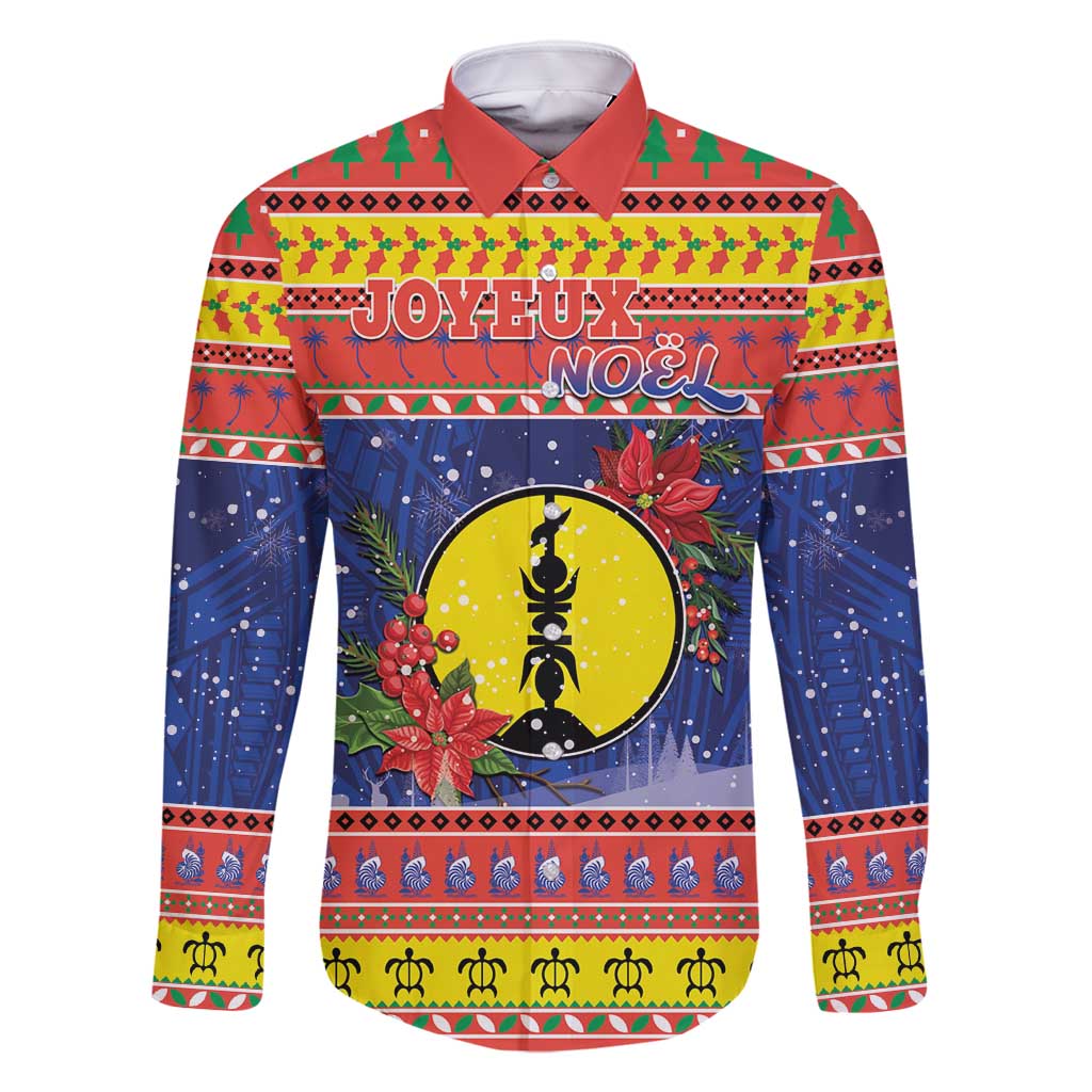 New Caledonia Christmas Family Matching Off Shoulder Short Dress and Hawaiian Shirt Kanaky Poinsettia Joyeux Noel LT05 Dad's Shirt - Long Sleeve Red - Polynesian Pride