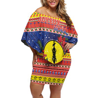 New Caledonia Christmas Family Matching Off Shoulder Short Dress and Hawaiian Shirt Kanaky Poinsettia Joyeux Noel LT05 Mom's Dress Red - Polynesian Pride