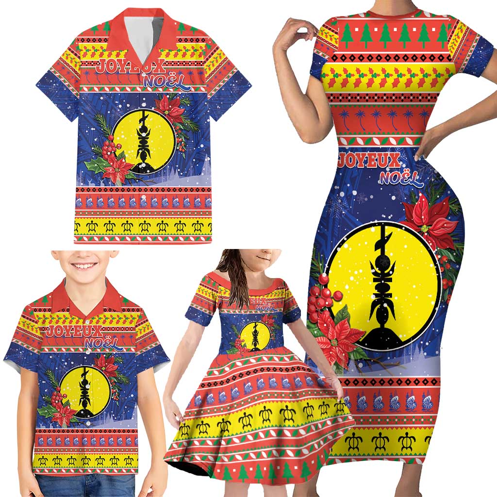 New Caledonia Christmas Family Matching Short Sleeve Bodycon Dress and Hawaiian Shirt Kanaky Poinsettia Joyeux Noel