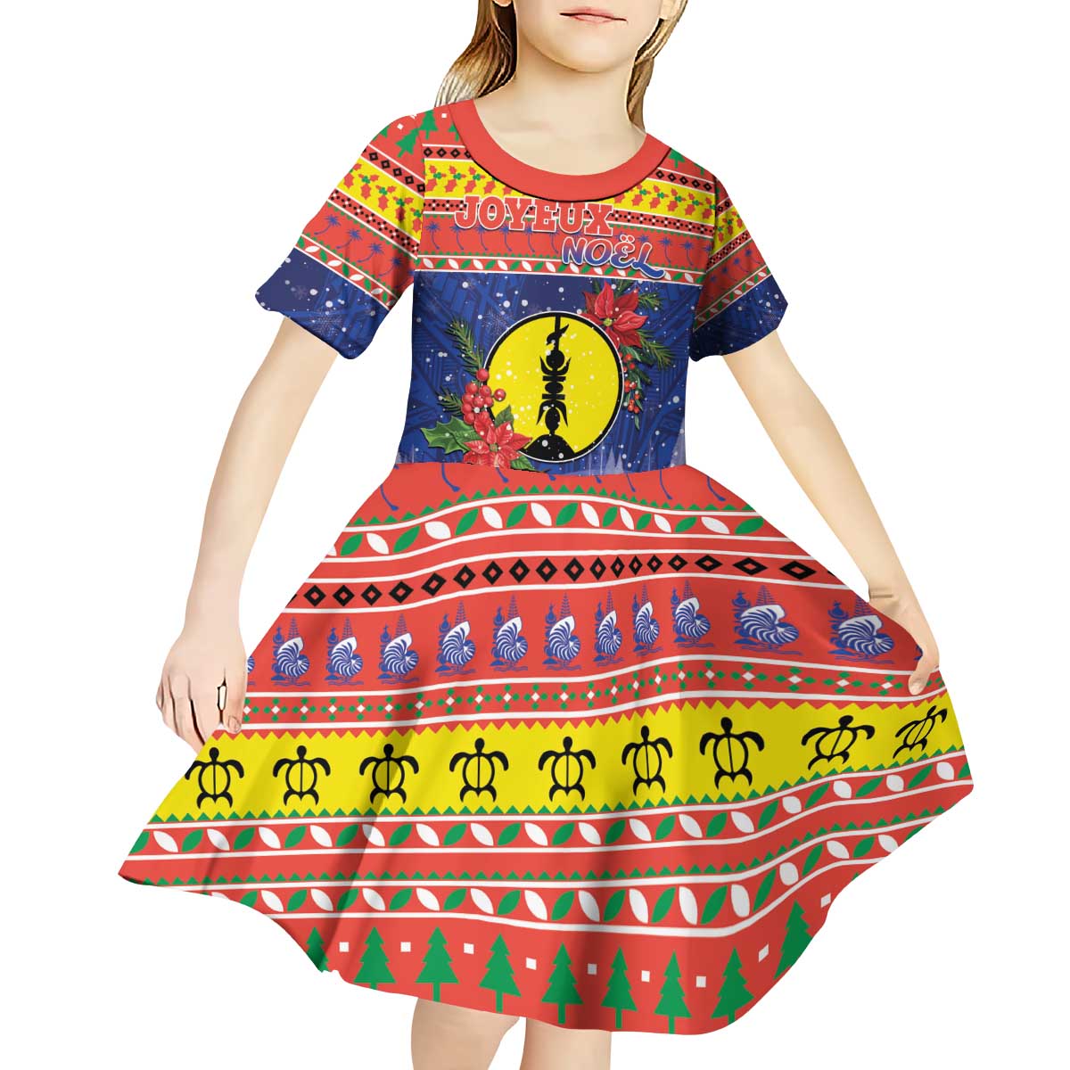 New Caledonia Christmas Kid Short Sleeve Dress Kanaky Poinsettia Joyeux Noel LT05 - Polynesian Pride