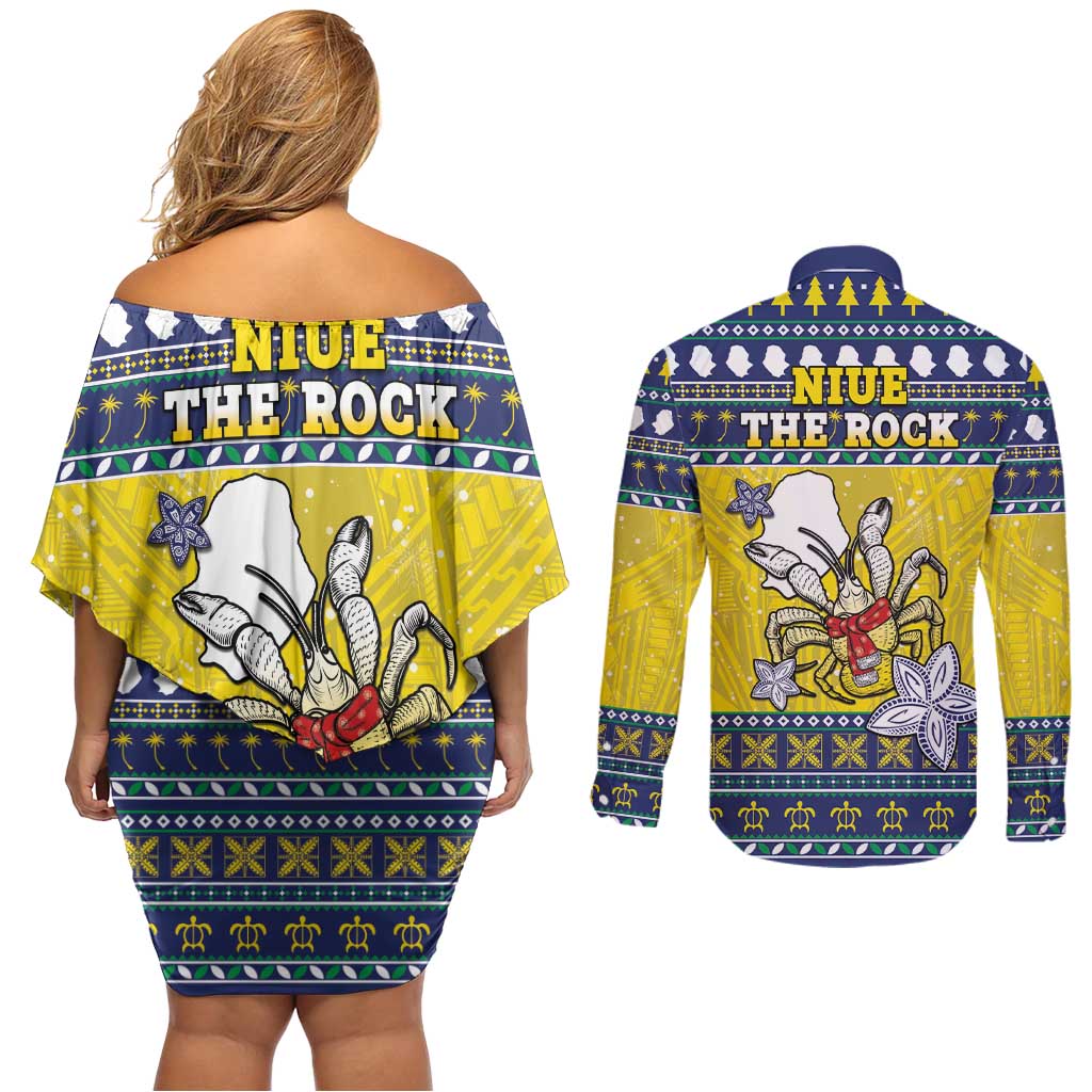 Niue The Rock Christmas Couples Matching Off Shoulder Short Dress and Long Sleeve Button Shirt Niuean Crab Monuina E Kilisimasi