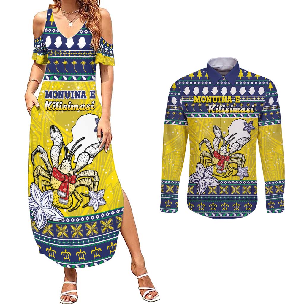 Niue The Rock Christmas Couples Matching Summer Maxi Dress and Long Sleeve Button Shirt Niuean Crab Monuina E Kilisimasi