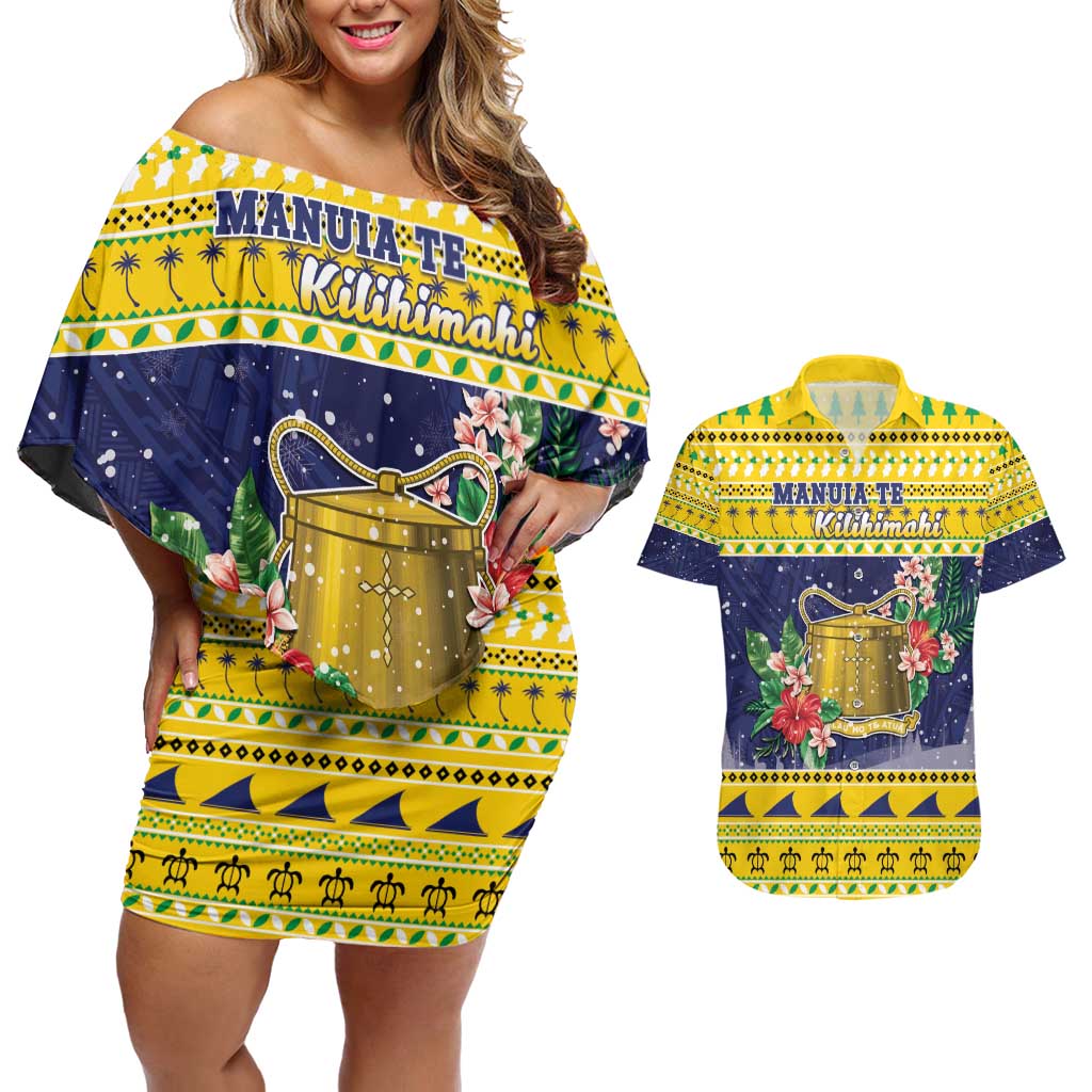 Tokelau Christmas Couples Matching Off Shoulder Short Dress and Hawaiian Shirt Tokelauan Badge Manuia Te Kilihimahi LT05 Yellow - Polynesian Pride