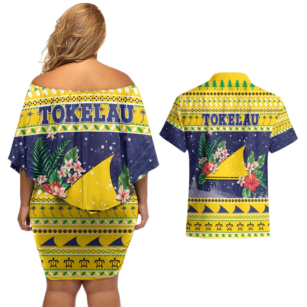 Tokelau Christmas Couples Matching Off Shoulder Short Dress and Hawaiian Shirt Tokelauan Badge Manuia Te Kilihimahi LT05 - Polynesian Pride