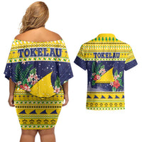 Tokelau Christmas Couples Matching Off Shoulder Short Dress and Hawaiian Shirt Tokelauan Badge Manuia Te Kilihimahi LT05 - Polynesian Pride